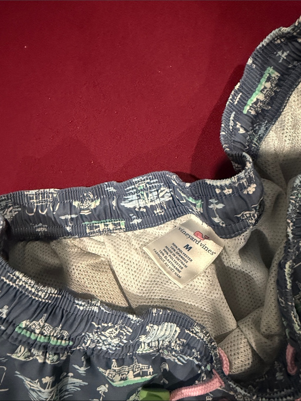 Vineyard Vines Navy Patterned Swim Trunks with Pink Trim - Picture 3 of 4
